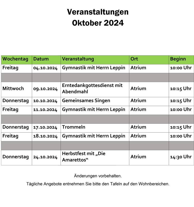 Veranstaltungen Oktober 2024